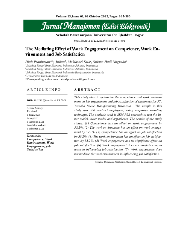 (PDF) The Mediating Effect of Work Engagement on Competence, Work ...
