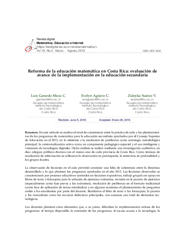 (PDF) Reforma de la educación matemática en Costa Rica: evaluación de ...