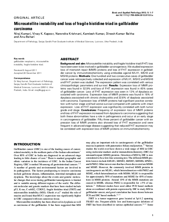 (PDF) Microsatellite instability and loss of fragile histidine triad in ...