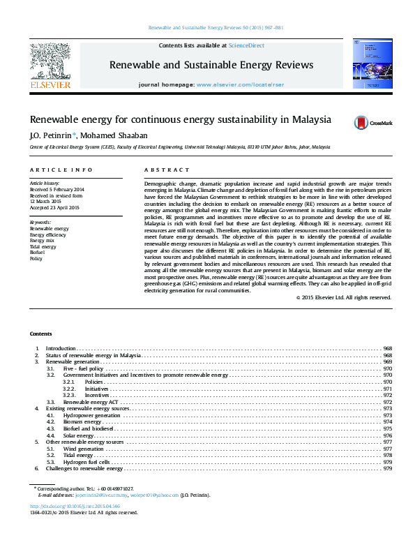(PDF) Renewable energy for continuous energy sustainability in Malaysia ...