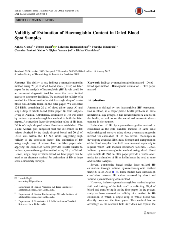 (PDF) Validity of Estimation of Haemoglobin Content in Dried Blood Spot ...
