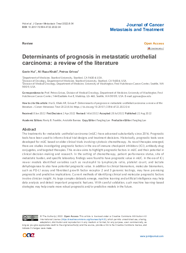 (PDF) Determinants of prognosis in metastatic urothelial carcinoma: a ...