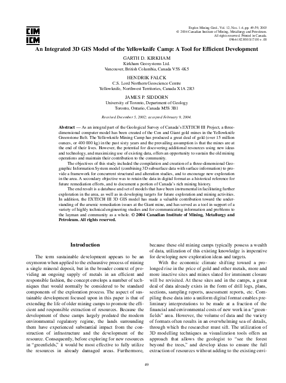 (PDF) An Integrated 3D GIS Model of the Yellowknife Camp A Tool for
