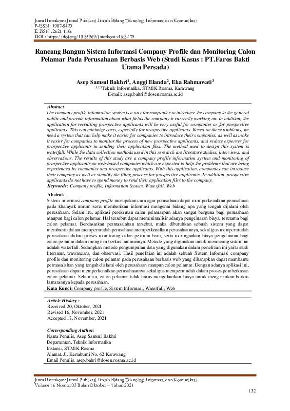 Rancang Bangun Sistem Informasi Company Profile dan Monitoring Calon Pelamar Pada Perusahaan Berbasis Web (Studi Kasus : PT.Faros Bakti Utama Persada)