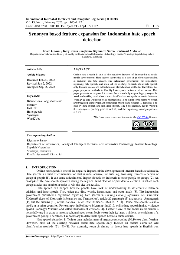 (PDF) Synonym based feature expansion for Indonesian hate speech detection
