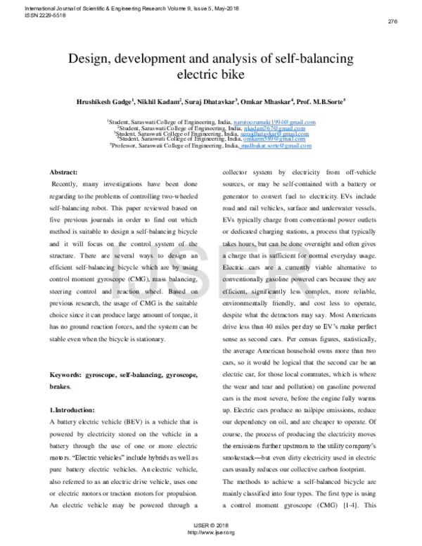 (PDF) Design, development and analysis of self-balancing electric bike