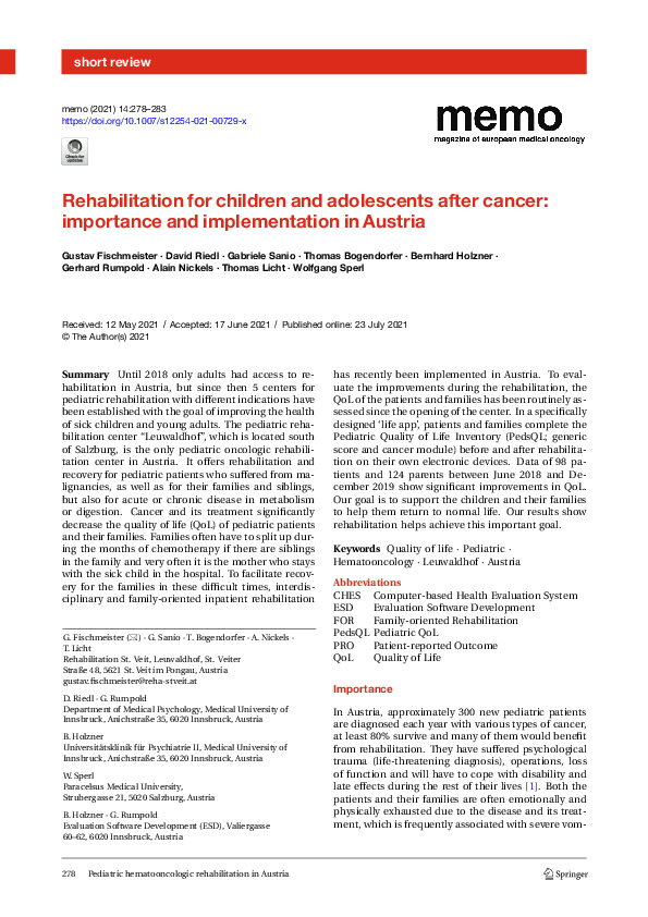 (PDF) Rehabilitation for children and adolescents after cancer ...