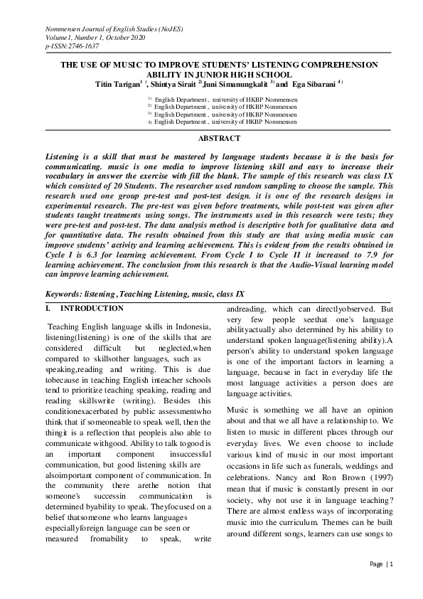 (PDF) THE USE OF MUSIC TO IMPROVE STUDENTS' LISTENING COMPREHENSION ...