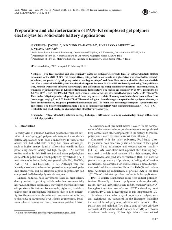 (PDF) Preparation and characterization of PAN–KI complexed gel polymer ...