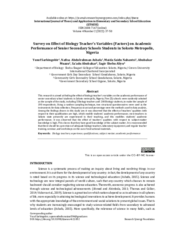 (PDF) Survey on Effect of Biology Teacher's Variables (Factors) on ...