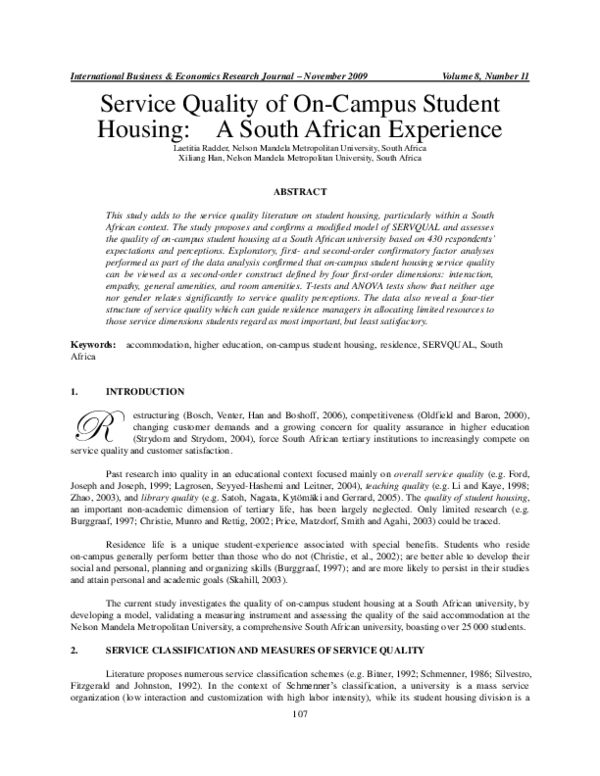 (PDF) Service Quality of On-Campus Student Housing: A South African ...