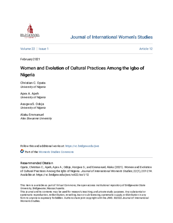 (PDF) Women and Evolution of Cultural Practices Among the Igbo of Nigeria