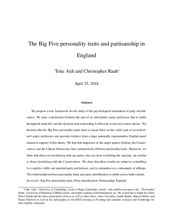 (PDF) The Big Five personality traits and partisanship in England