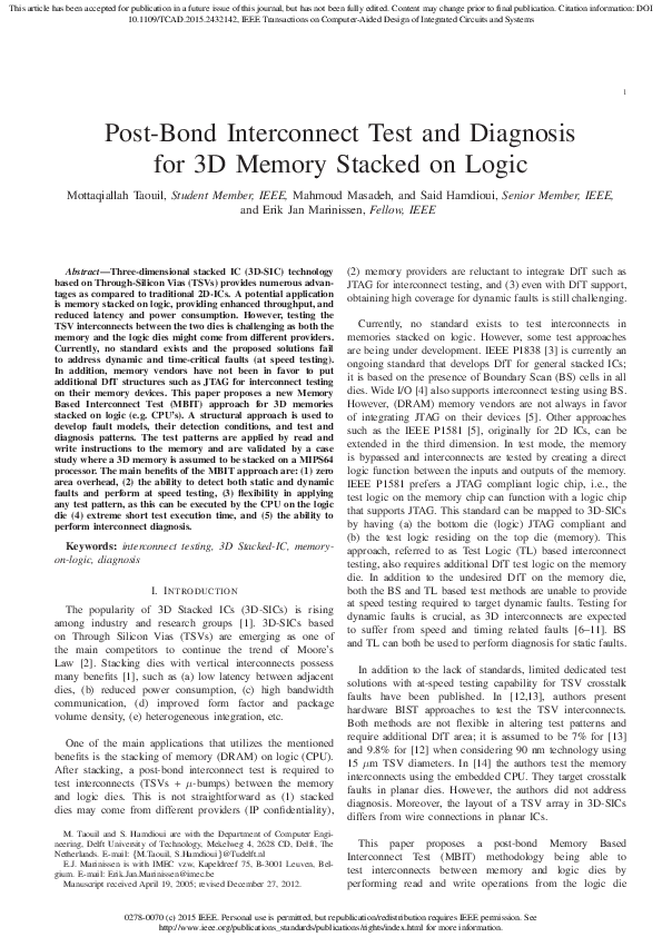 (PDF) Post-Bond Interconnect Test and Diagnosis for 3D Memory Stacked ...