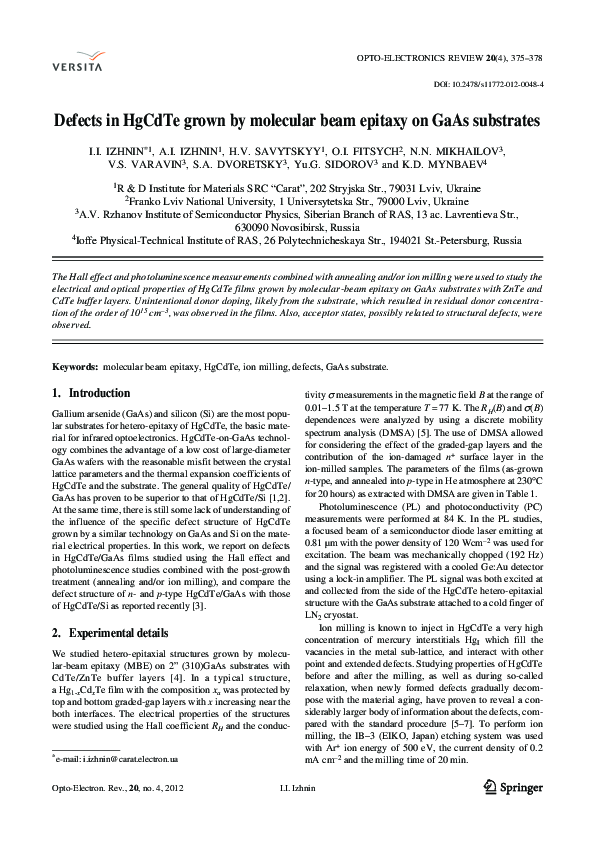 (PDF) Defects in HgCdTe grown by molecular beam epitaxy on GaAs substrates