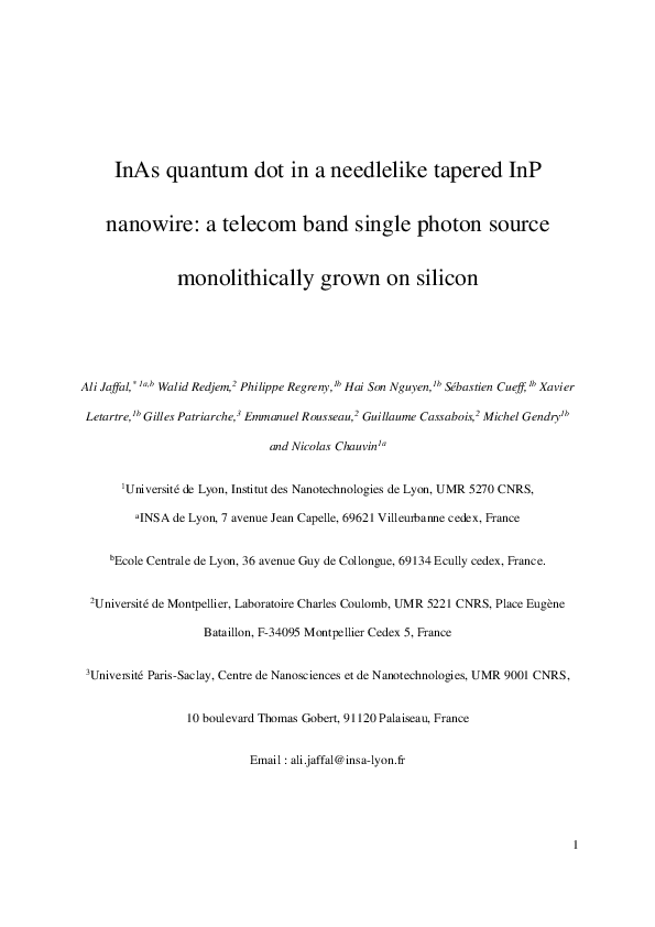 (PDF) InAs quantum dot in a needlelike tapered InP nanowire: a telecom ...