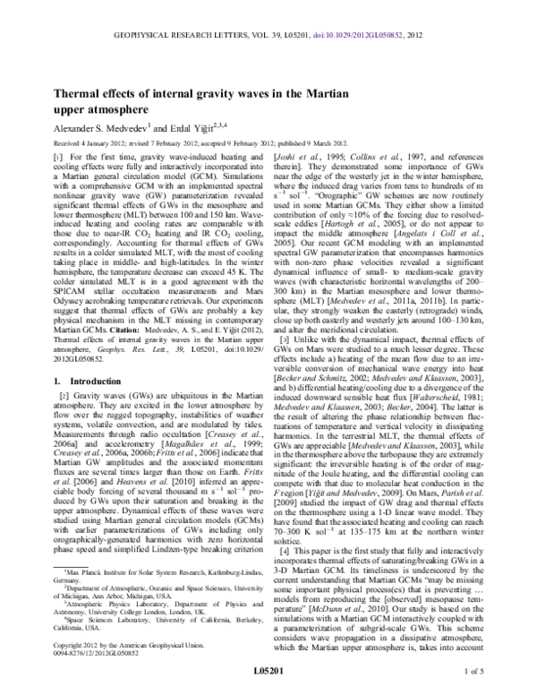 (PDF) Thermal effects of internal gravity waves in the Martian upper ...