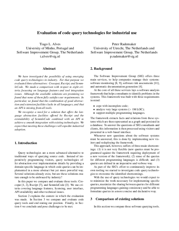 (PDF) Evaluation of code query technologies for industrial use