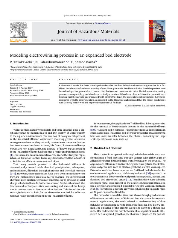 (PDF) Modeling electrowinning process in an expanded bed electrode