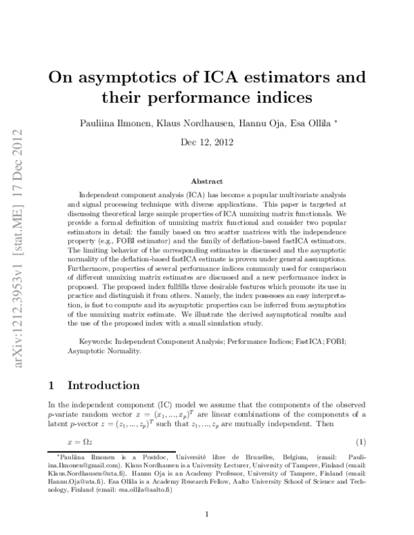 (PDF) On asymptotics of ICA estimators and their performance indices
