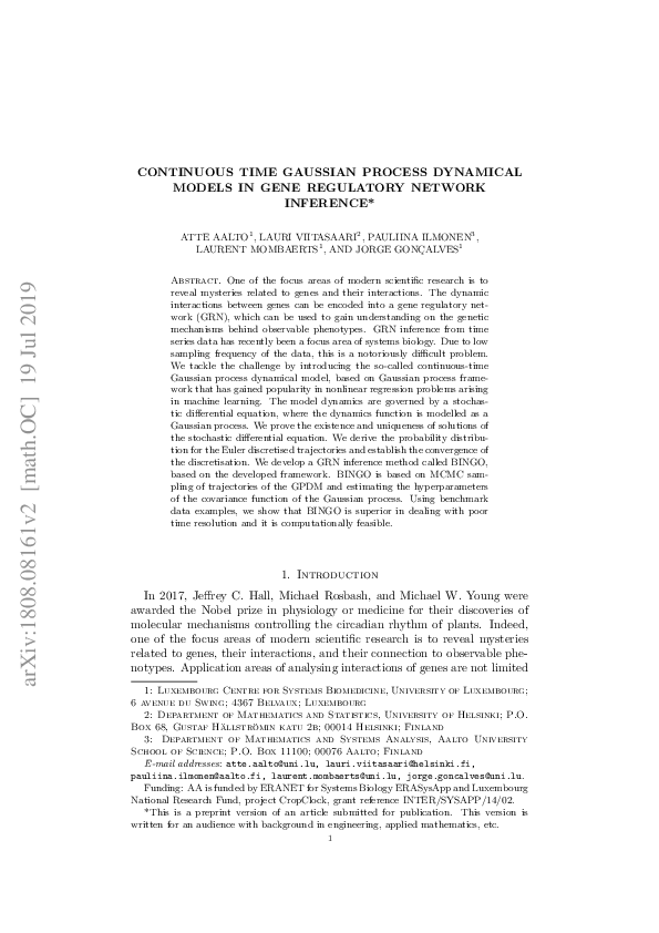 (PDF) Continuous time Gaussian process dynamical models in gene ...