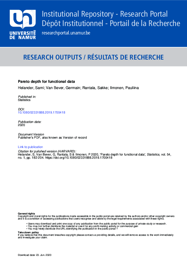 (PDF) Pareto depth for functional data