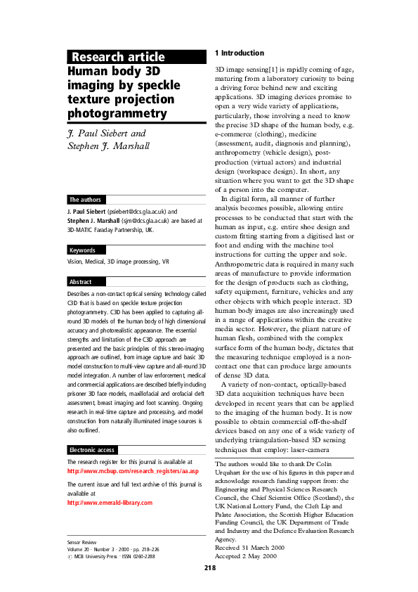 (PDF) Human body 3D imaging by speckle texture projection photogrammetry