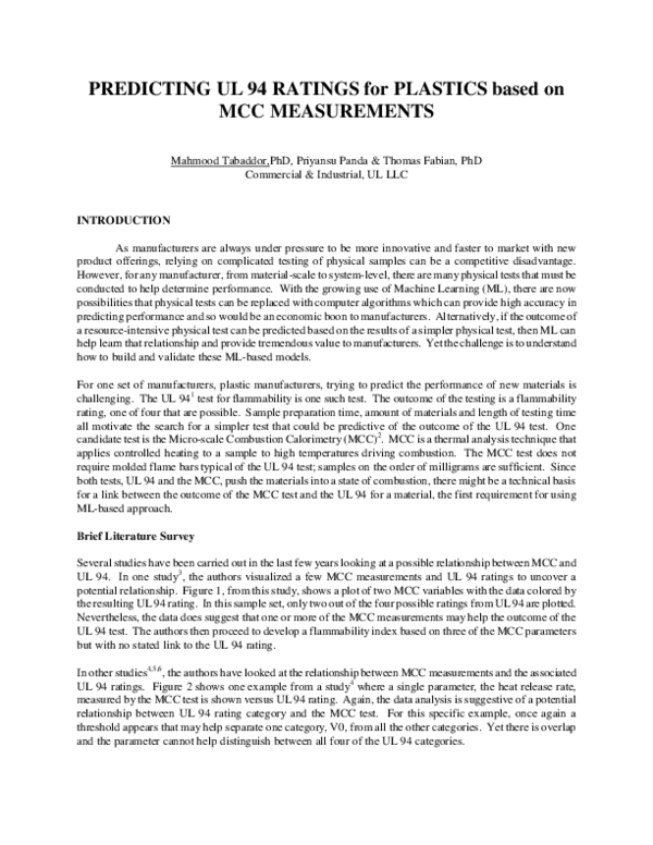(PDF) PREDICTING UL 94 RATINGS for PLASTICS based on MCC MEASUREMENTS
