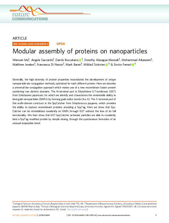 (PDF) Modular assembly of proteins on nanoparticles | mark baron ...