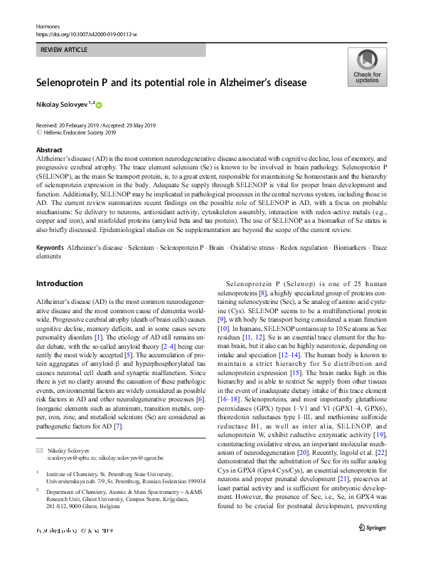 (PDF) Selenoprotein P and its potential role in Alzheimer’s disease