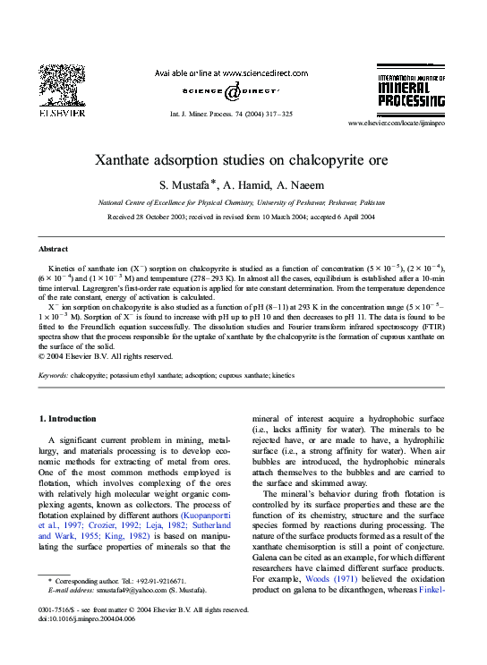 (PDF) Xanthate adsorption studies on chalcopyrite ore