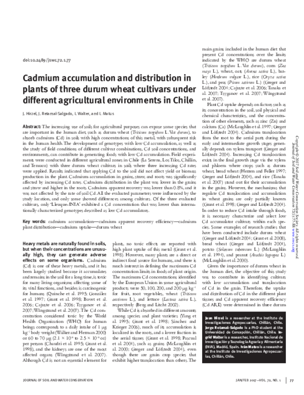 (PDF) Cadmium accumulation and distribution in plants of three durum ...