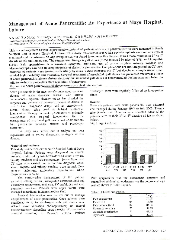 (PDF) Management of acute pancreatitis: an experience at Mayo Hospital ...