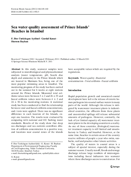 (PDF) Sea water quality assessment of Prince Islands’ Beaches in Istanbul