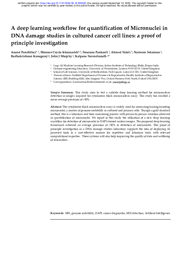 (PDF) A deep learning workflow for quantification of Micronuclei in DNA ...