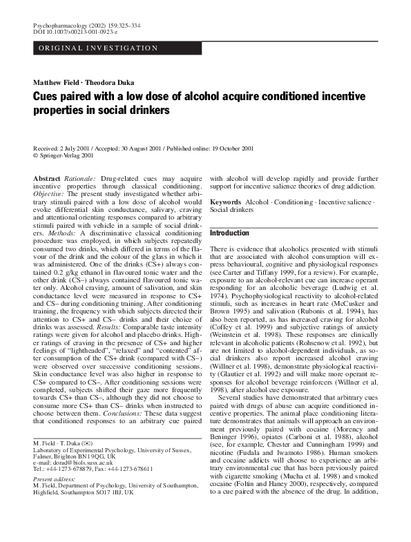 (PDF) Cues paired with a low dose of alcohol acquire conditioned ...