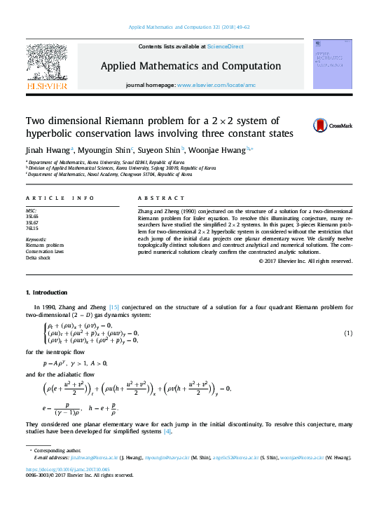 (PDF) Two dimensional Riemann problem for a 2 × 2 system of hyperbolic ...
