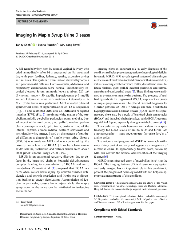 (PDF) Imaging in Maple Syrup Urine Disease