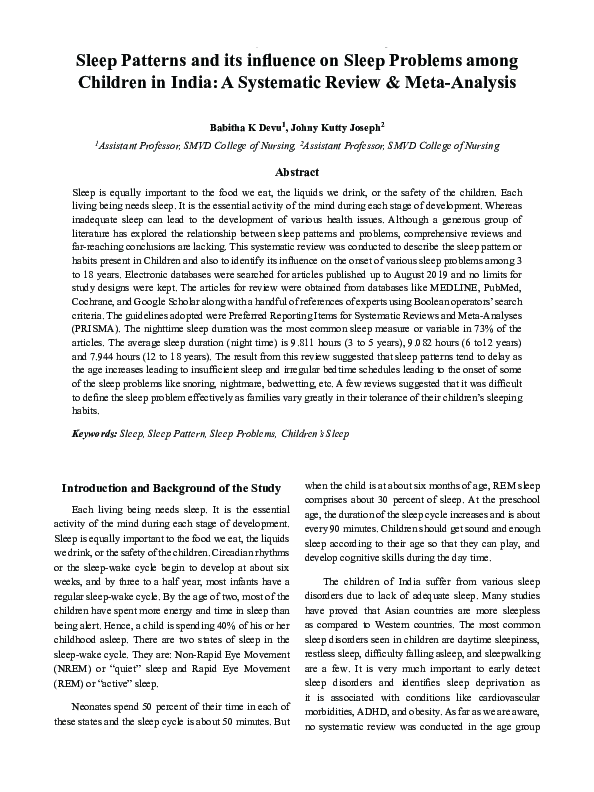 (PDF) Sleep Patterns and its influence on Sleep Problems among Children ...