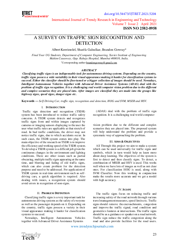 (PDF) A SURVEY ON TRAFFIC SIGN RECOGNITION AND DETECTION