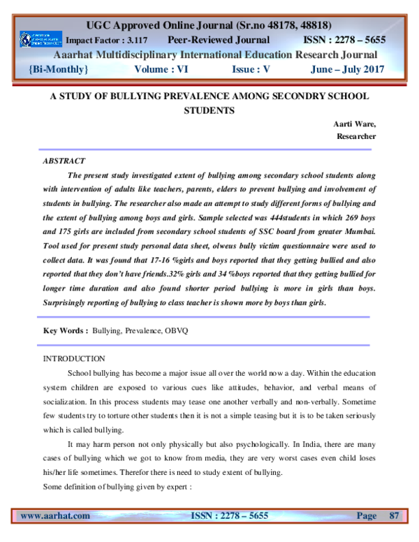 (PDF) A Study of Bullying Prevalence Among Secondry School Students