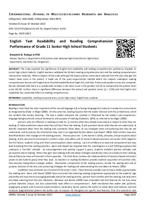 (PDF) English Text Readability and Reading Comprehension Performance of