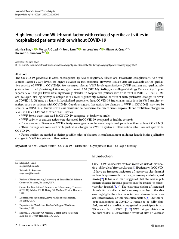 (PDF) High levels of von Willebrand factor with reduced specific ...