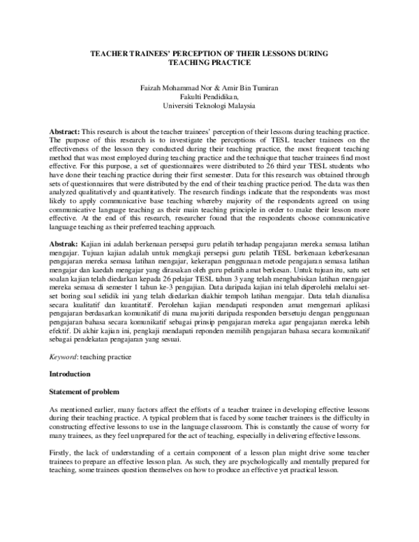 (PDF) Teacher Trainees' Perception Of Their Lessons During Teaching ...