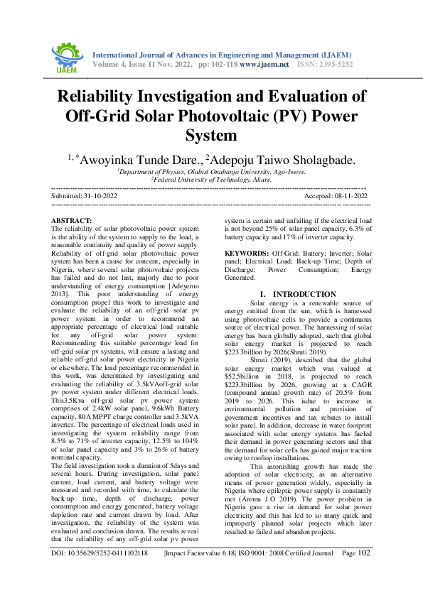 (PDF) Reliability Investigation and Evaluation of Off-Grid Solar ...