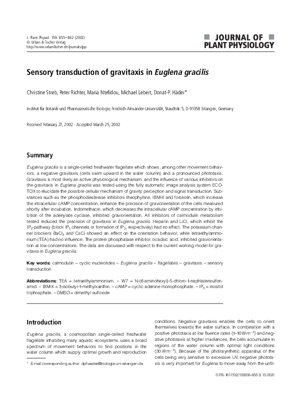 (PDF) Sensory transduction of gravitaxis in Euglena gracilis