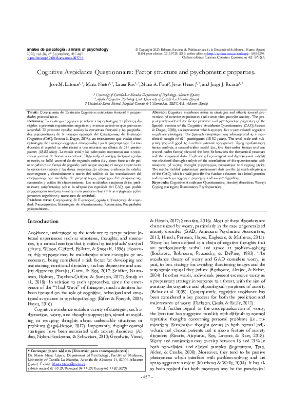 (PDF) Cognitive Avoidance Questionnaire: Factor structure and ...