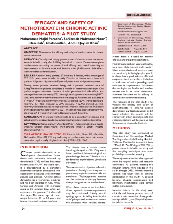 (PDF) Efficacy and Safety of Methotrexate in Chronic Actinic Dermatitis ...