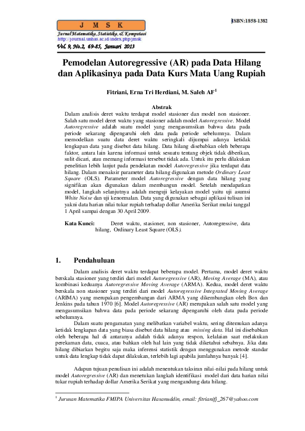 (PDF) Pemodelan Autoregressive (AR) pada Data Hilang dan Aplikasinya ...