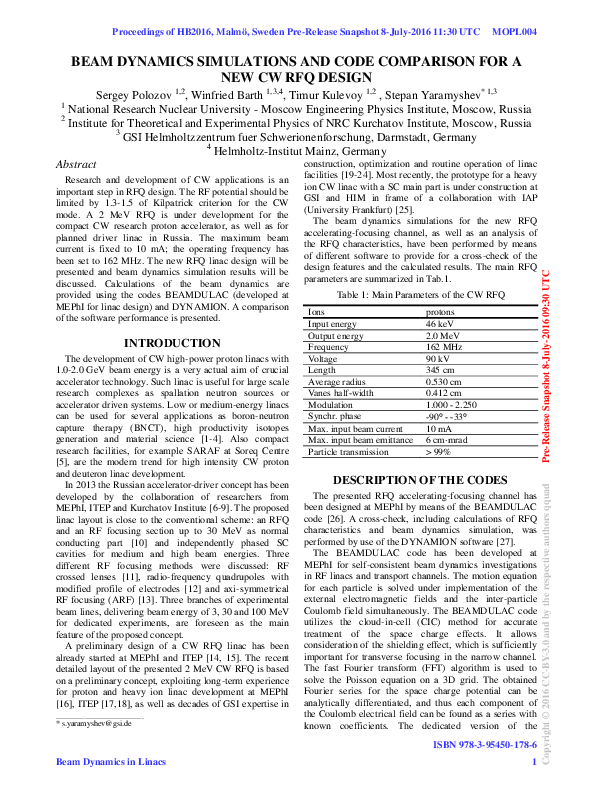 (PDF) Beam Dynamics Simulations and Code Comparison for a New CW RFQ Design